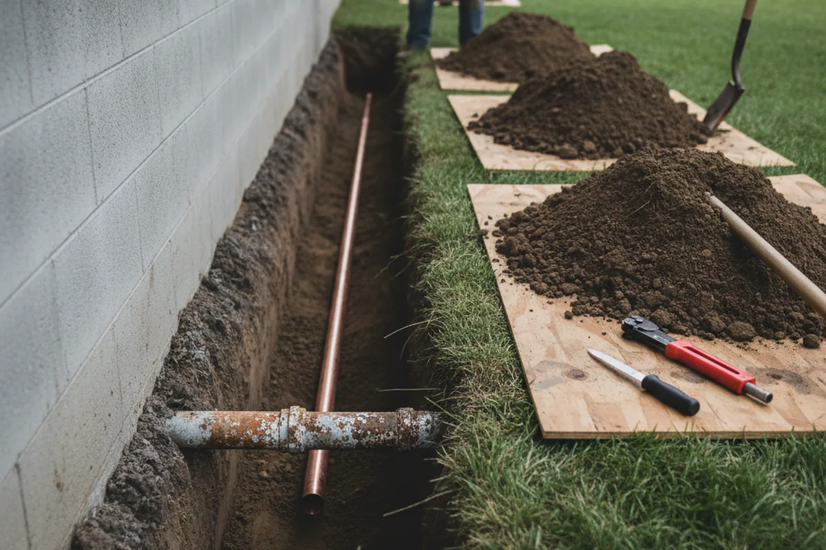 Excavated water line trench during Water Softener Installation in Sidney